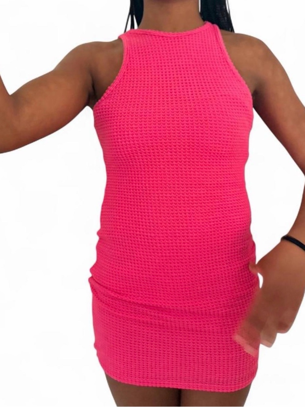 Neon Pink Crochet Bodycon Mini Dress